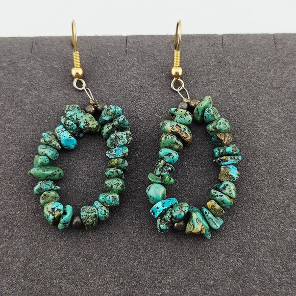 Aqua & Turquoise Colored Stone Chip Earrings Hook Style Dangle Drop Western Boho - Picture 1 of 3